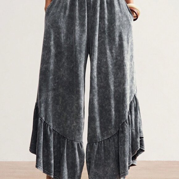Dark Grey Casual Women's Elastic Waist Ruffle Hem Wide Leg Pants - Picture 5 of 7
